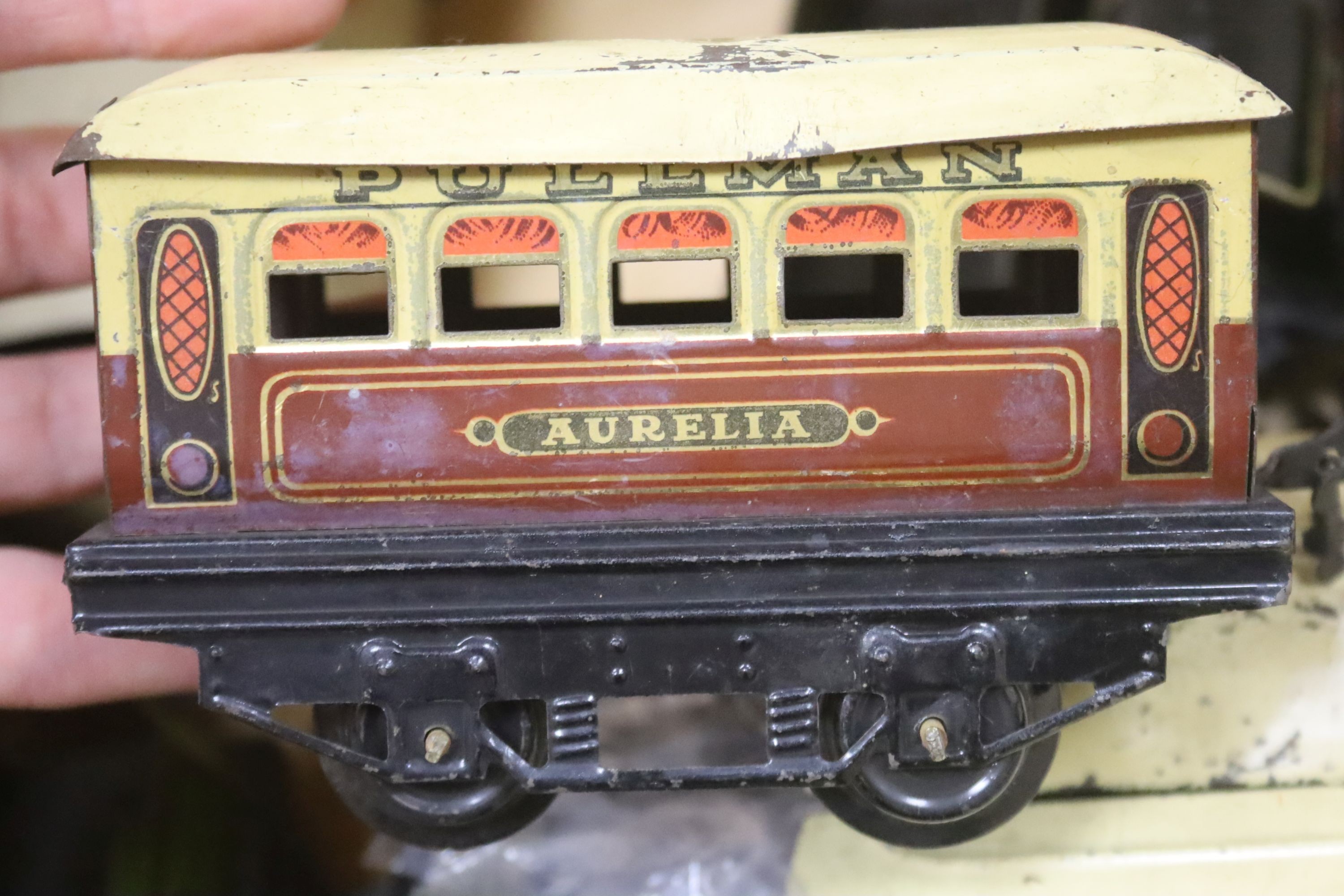 A Hornby O gauge toy train, largely pre-war and a Lehmann tinplate garage, No. 771